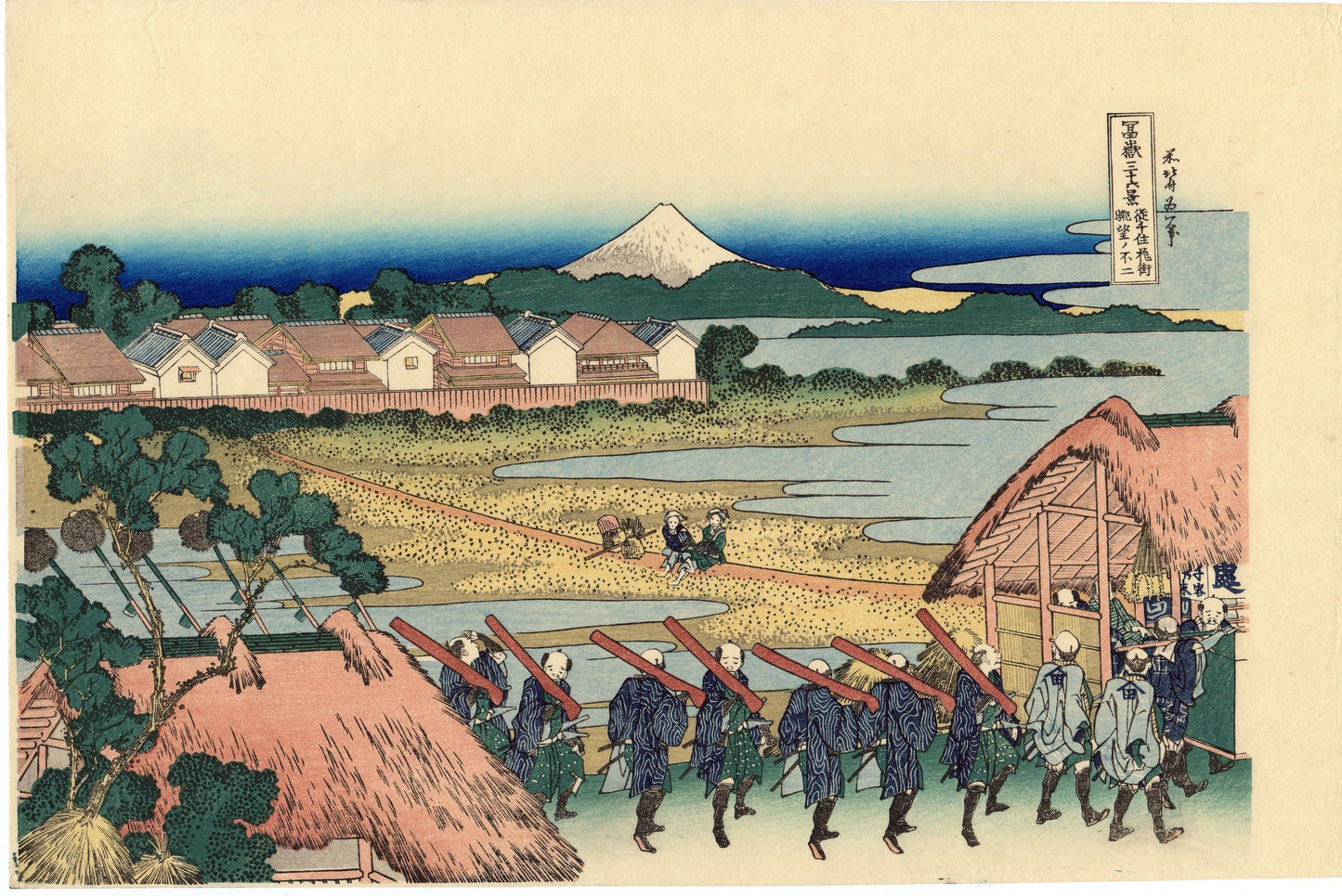 Japanese Ukiyo-e Woodblock print, Hokusai, "Pleasure District at Senju"