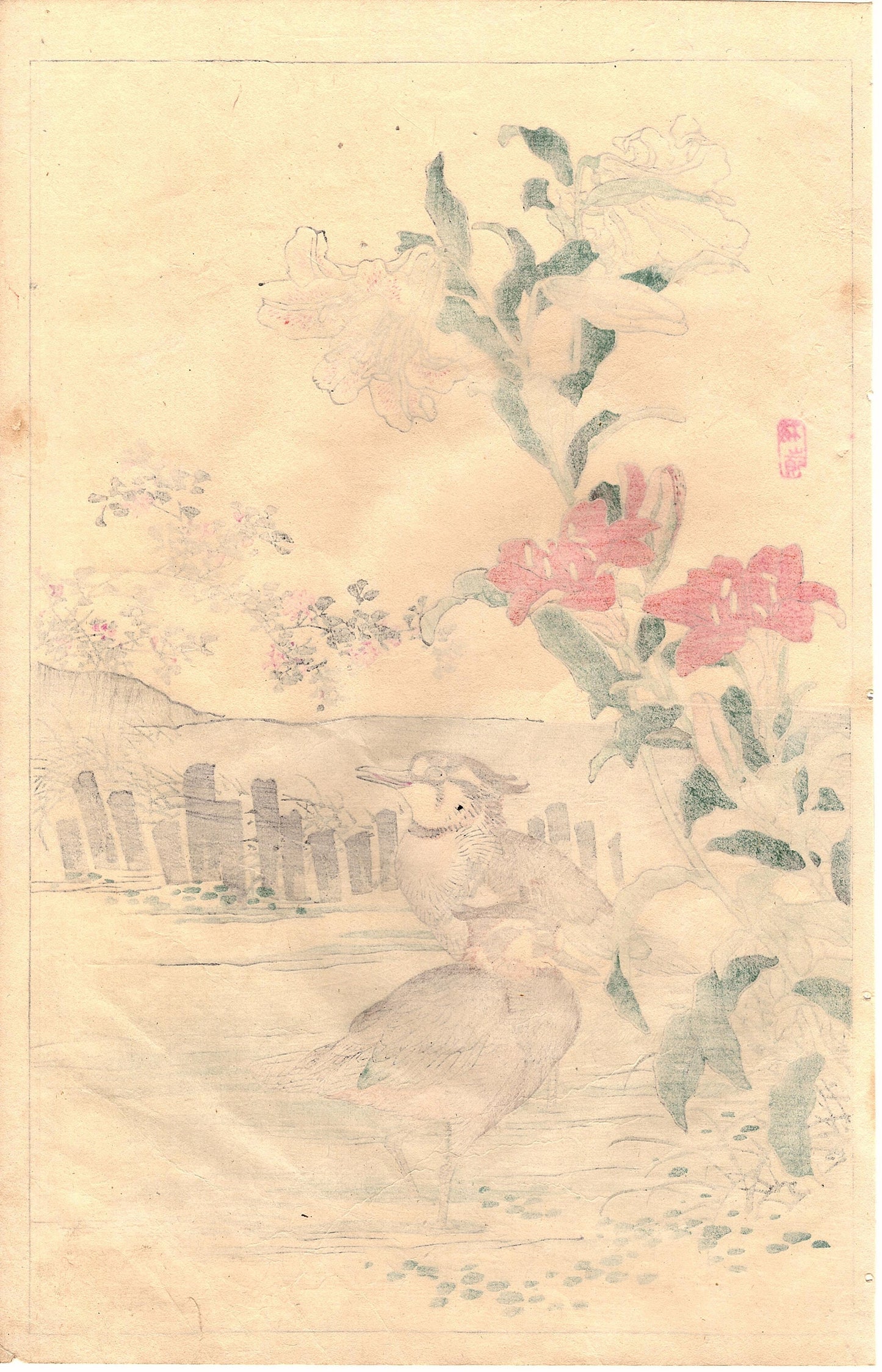 Japanese Antique Original Woodcut Print, Kono Bairei, "Bairei’s Book of Birds and Flowers". 2