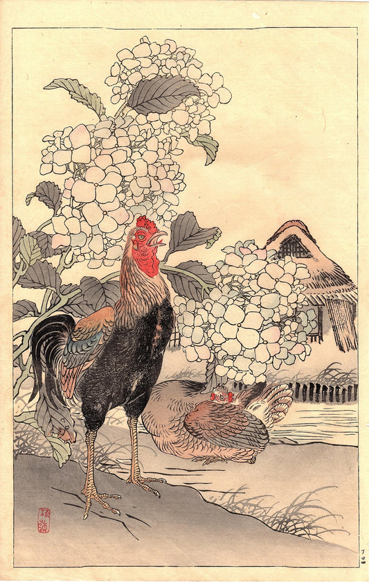 Japanese Antique Original Woodcut Print, Kono Bairei, "Bairei’s Book of Birds and Flowers". 1