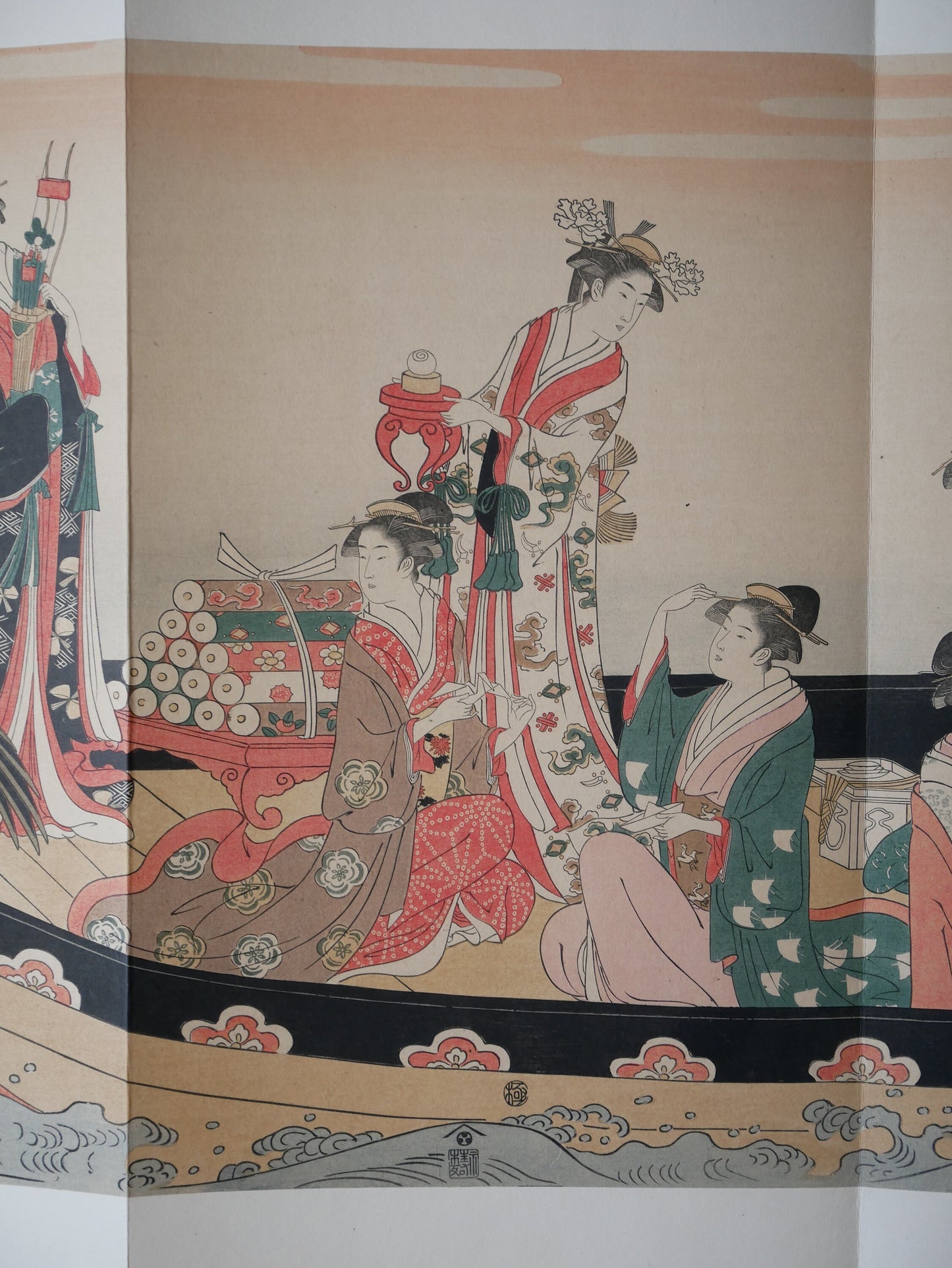 1906, Japanese antique woodblock print, Hosoda Eishi, "Women in a Phoenix Boat at New Year" ,from Ukiyoe-ha-gashu.