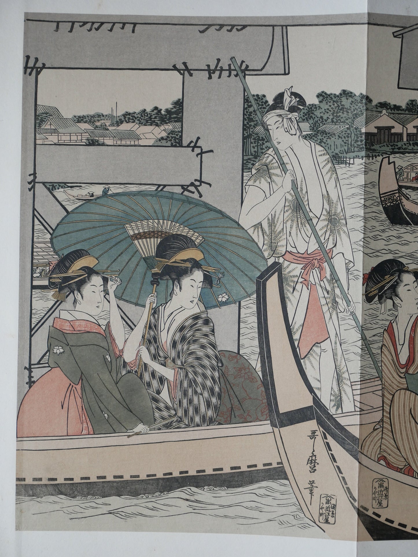 1906, Japanese antique woodblock print, Kitagawa Utamaro, "On Top of and beneath Ryôgoku Bridge" ,from Ukiyoe-ha-gashu.