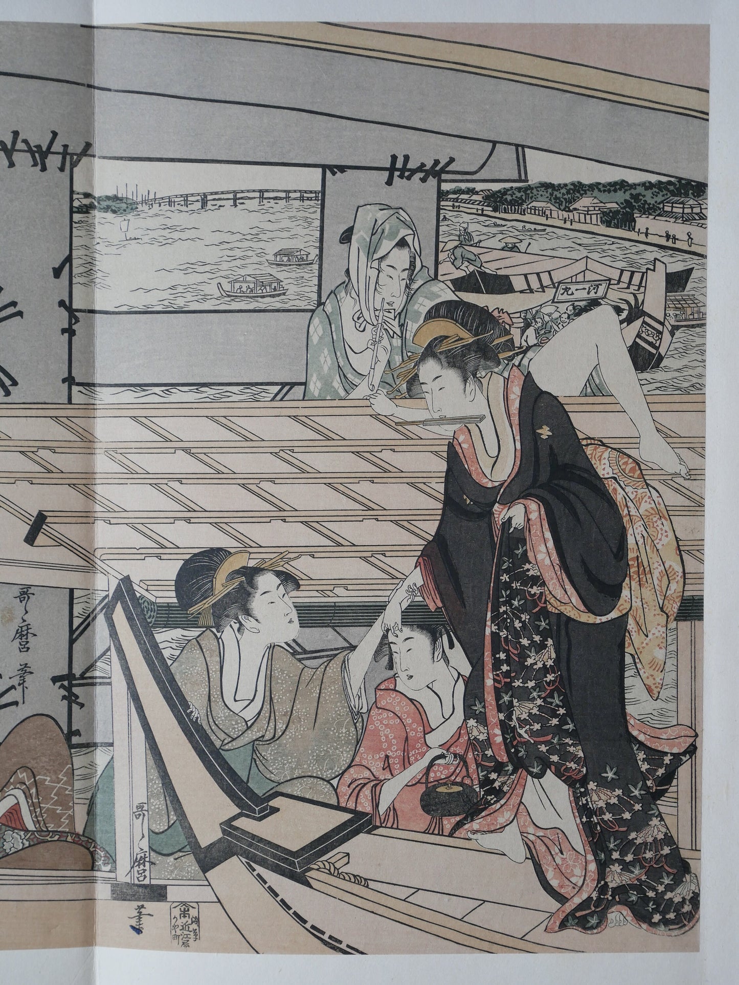 1906, Japanese antique woodblock print, Kitagawa Utamaro, "On Top of and beneath Ryôgoku Bridge" ,from Ukiyoe-ha-gashu.