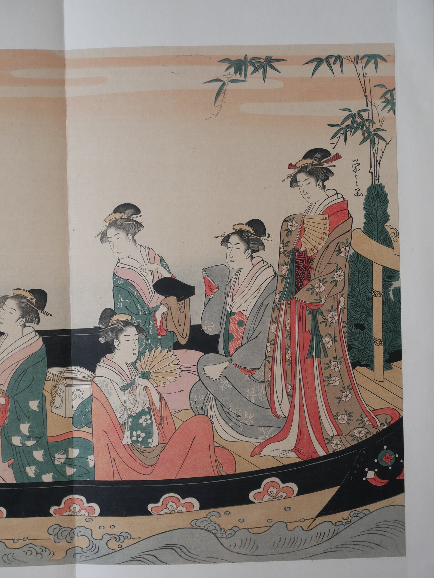 1906, Japanese antique woodblock print, Hosoda Eishi, "Women in a Phoenix Boat at New Year" ,from Ukiyoe-ha-gashu.