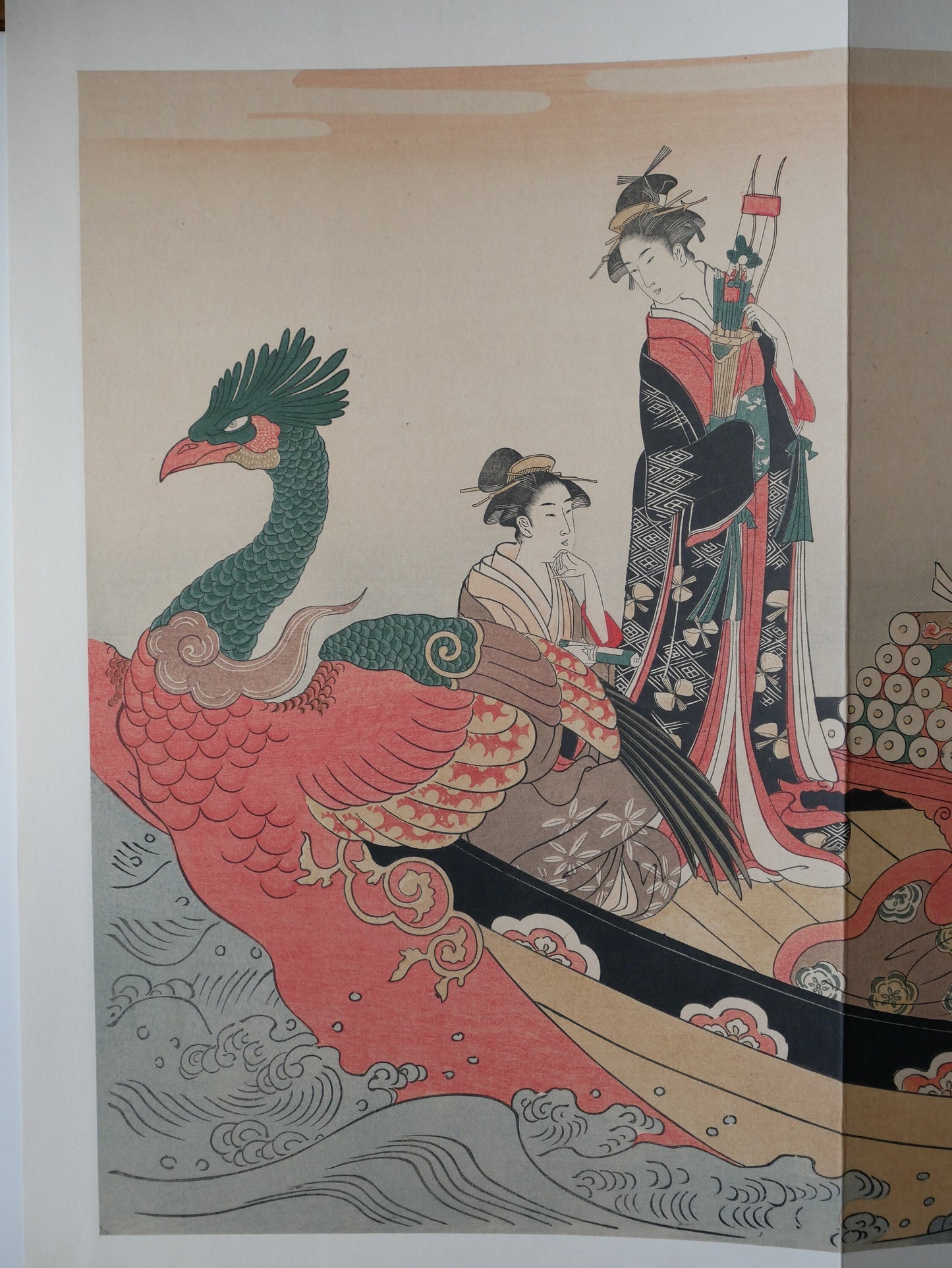 1906, Japanese antique woodblock print, Hosoda Eishi, "Women in a Phoenix Boat at New Year" ,from Ukiyoe-ha-gashu.