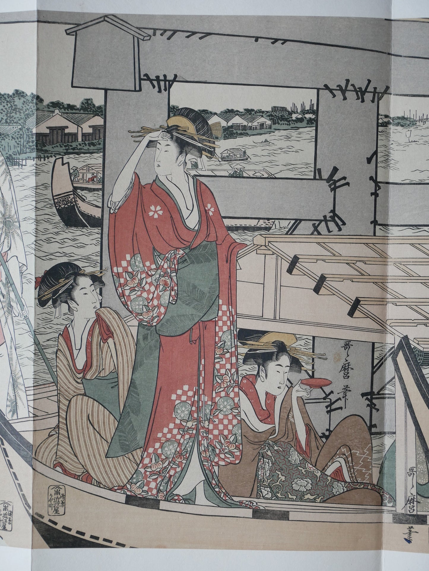 1906, Japanese antique woodblock print, Kitagawa Utamaro, "On Top of and beneath Ryôgoku Bridge" ,from Ukiyoe-ha-gashu.