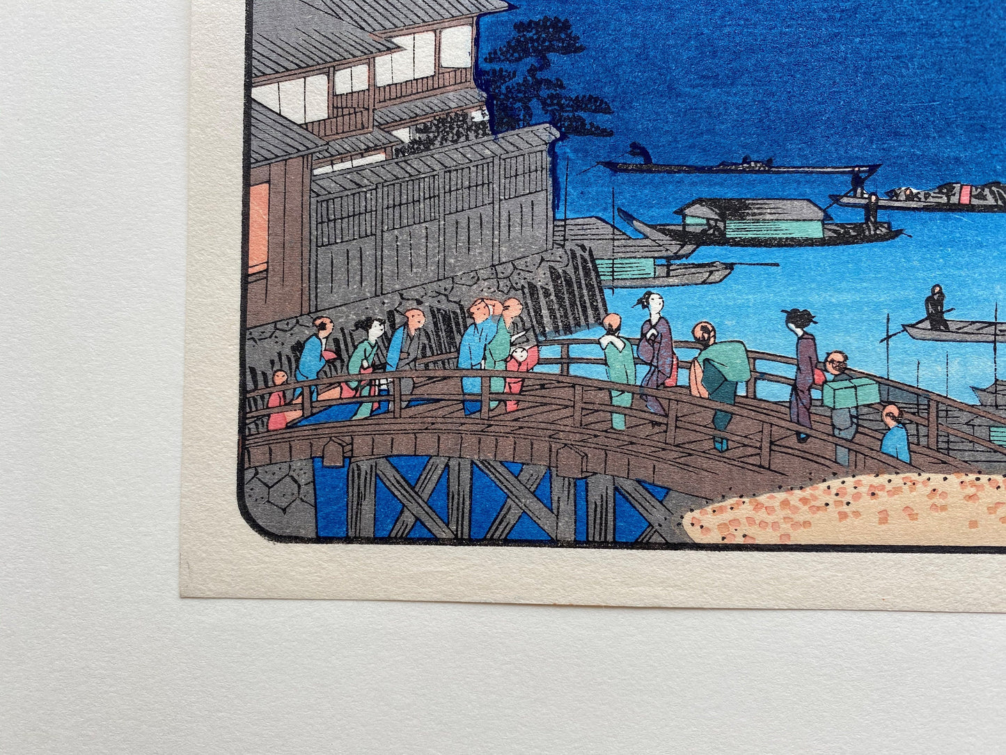 Japanese Ukiyoe, Woodblock print, "Fireworks at Ryôgoku Bridge (Ryôgoku hanabi), from the series Famous Places in Edo (Edo meisho no uchi)".