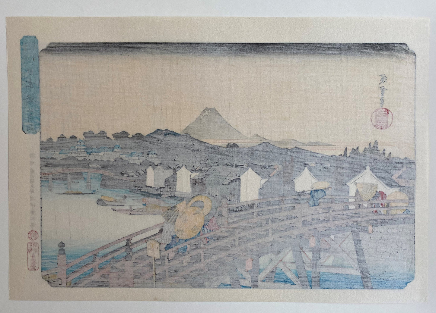 Japanese Ukiyoe, Woodblock print, "Shower on Nihonbashi Bridge (Nihonbashi no hakuu)".