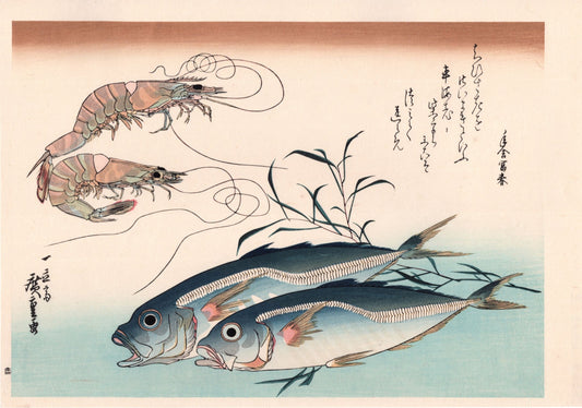 Hiroshige, "Horse Mackerel, Freshwater Prawns ＆ Seaweed".