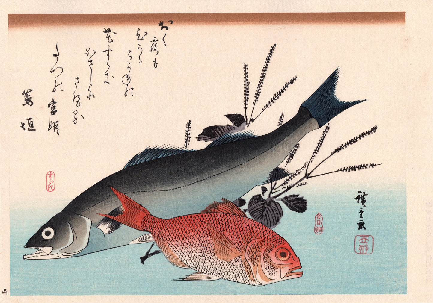 Hiroshige, "Common Seabass, Alfonsinos & Beefsteak Plant".