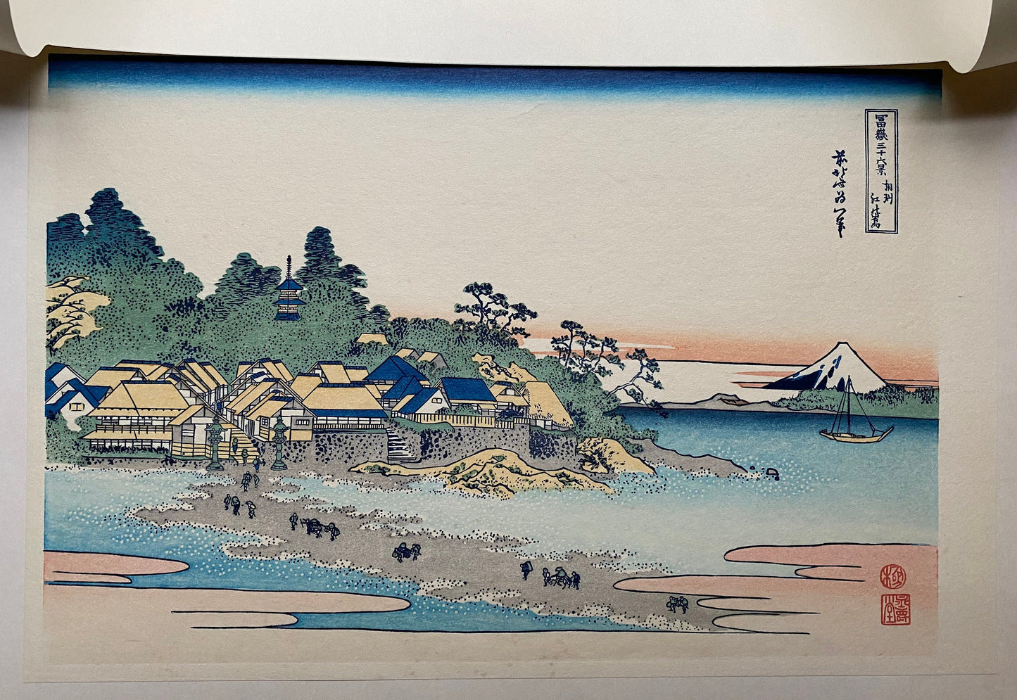 Japanese Ukiyo-e Woodblock print, Hokusai, "View from Enoshima in Sagami Province"