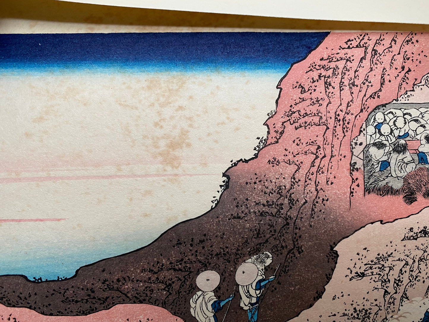 Japanese Ukiyo-e Woodblock print, Hokusai, "People climbing Mt. Fuji"