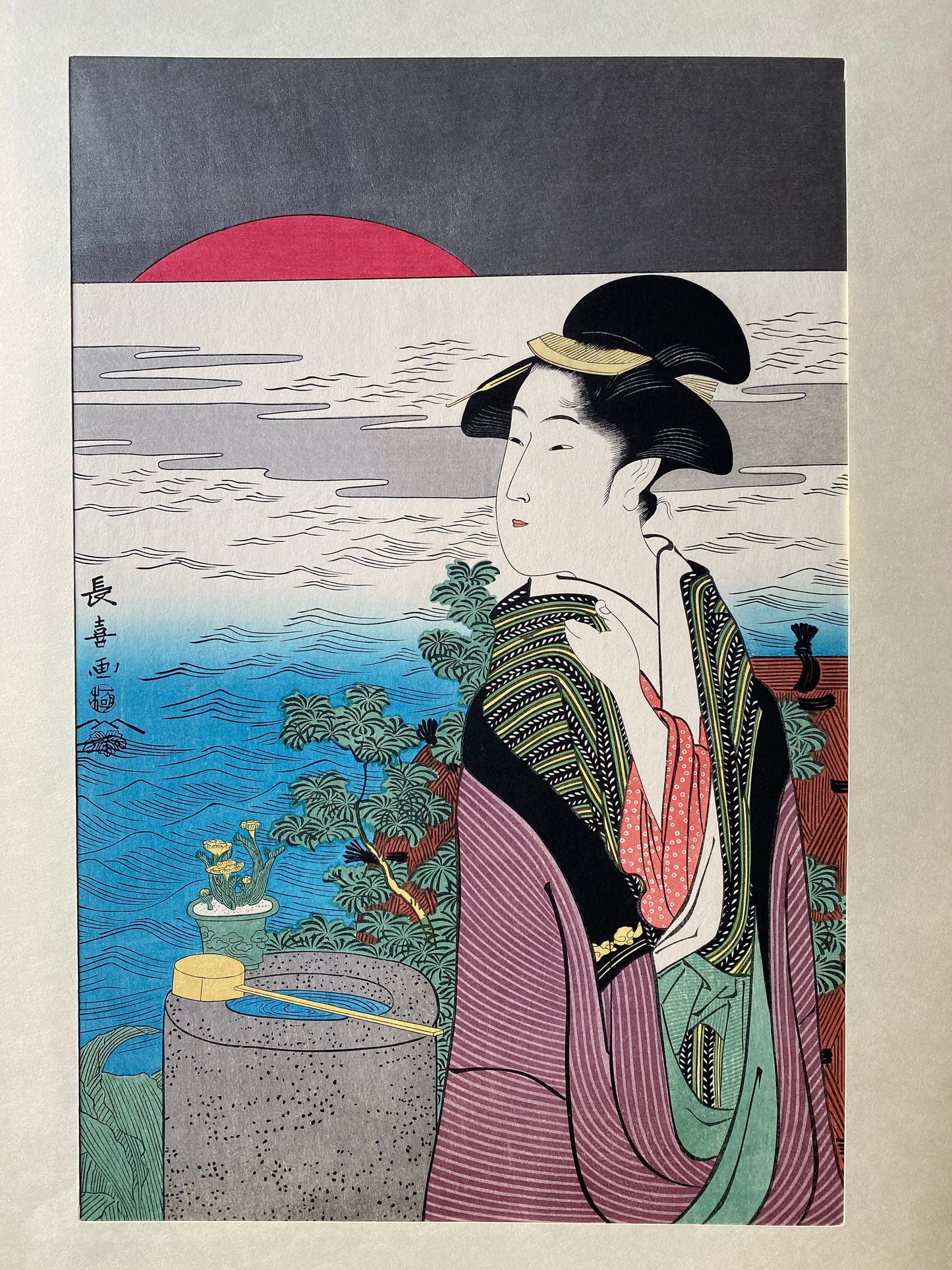 Japanese Ukiyo-e Woodblock print, Eishōsai Chōki, "Sunrise at New Year"