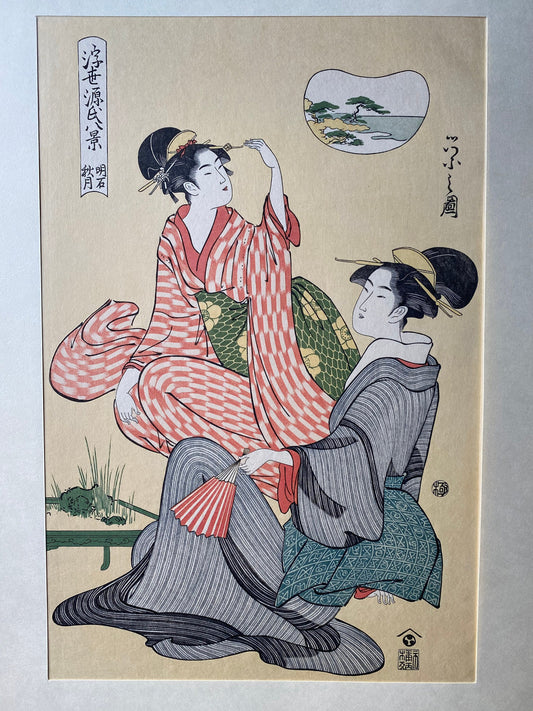 Japanese Ukiyo-e Woodblock print, Hosoda Eishi, "Autumn moon at Akashi"