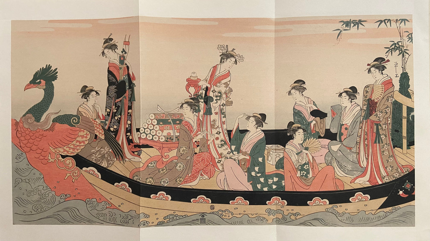 1906, Japanese antique woodblock print, Hosoda Eishi, "Women in a Phoenix Boat at New Year" ,from Ukiyoe-ha-gashu.