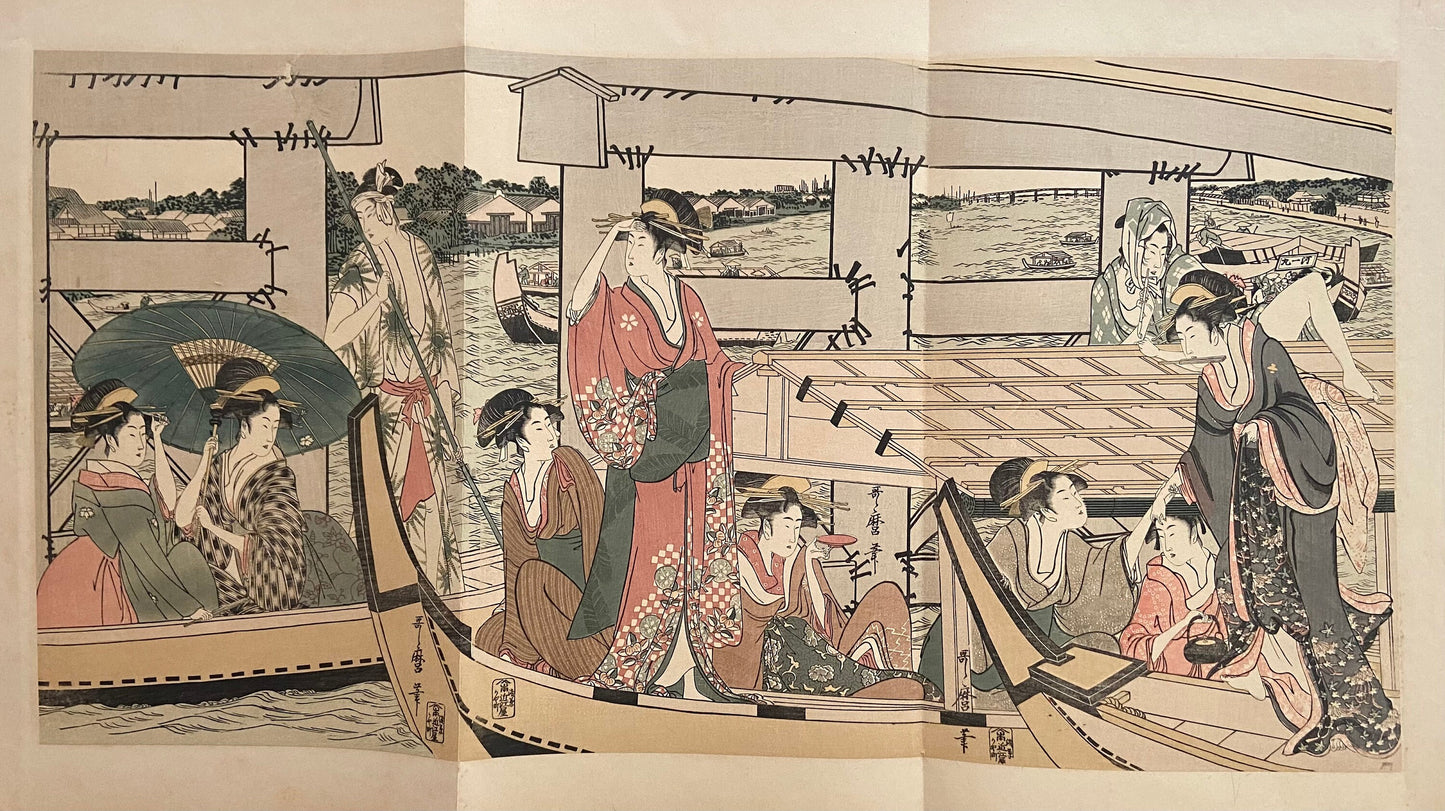 1906, Japanese antique woodblock print, Kitagawa Utamaro, "On Top of and beneath Ryôgoku Bridge" ,from Ukiyoe-ha-gashu.