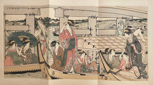 1906, Japanese antique woodblock print, Kitagawa Utamaro, "On Top of and beneath Ryôgoku Bridge" ,from Ukiyoe-ha-gashu.