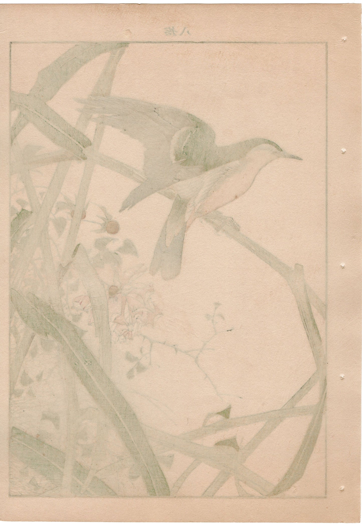 1892, Imao Keinen, "Common reed, Chinese rose, Oriental reed warbler"