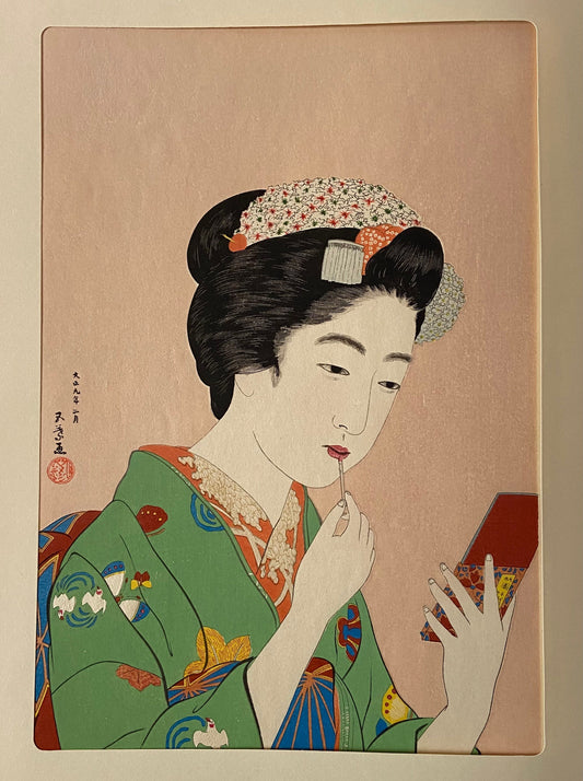 Japanese Ukiyoe, Shin-hanga, Woodblock print, antique, Hashiguchi Goyo, "Lady and Lip Stick"