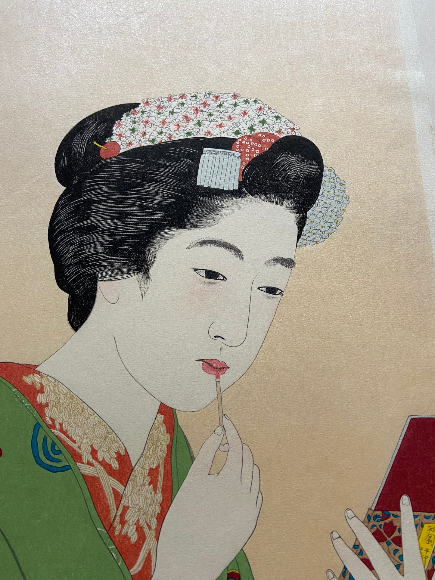 Japanese Ukiyoe, Shin-hanga, Woodblock print, antique, Hashiguchi Goyo, "Girl with Lipstick"