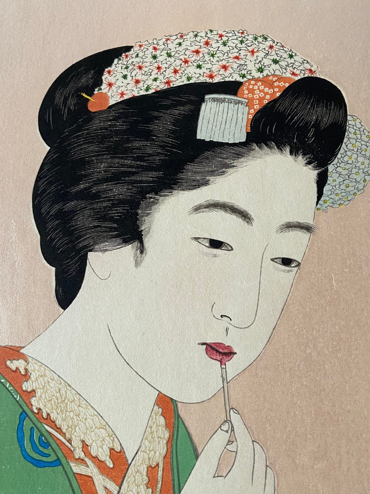 Japanese Ukiyoe, Shin-hanga, Woodblock print, antique, Hashiguchi Goyo, "Lady and Lip Stick"