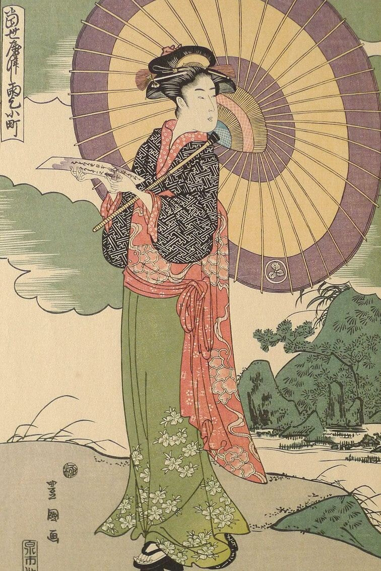 Japanese Ukiyoe, Woodblock print, antique, Utagawa Toyokuni,  "A Modern Version of Komachi Praying for Rain"