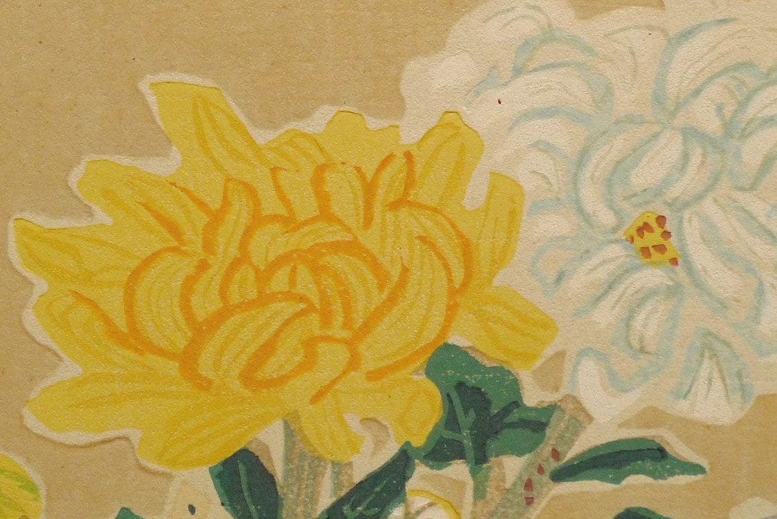 1932, Ukiyoe, Original Sōsaku-hanga, Woodblock print, antique, Eichi Kotozuka,  "Chrysanthemum"