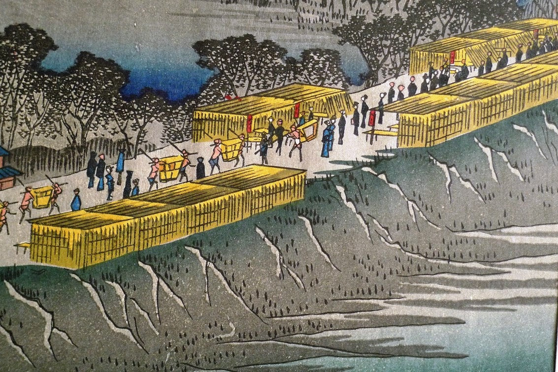 Japanese Ukiyo-e Woodblock print, Hiroshige, "Nihon Embankment, Yoshiwara"