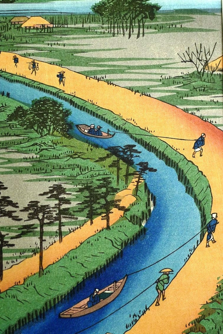 Japanese Ukiyo-e Woodblock print, Hiroshige, "Towboats Along the Yotsugi-dôri Canal"