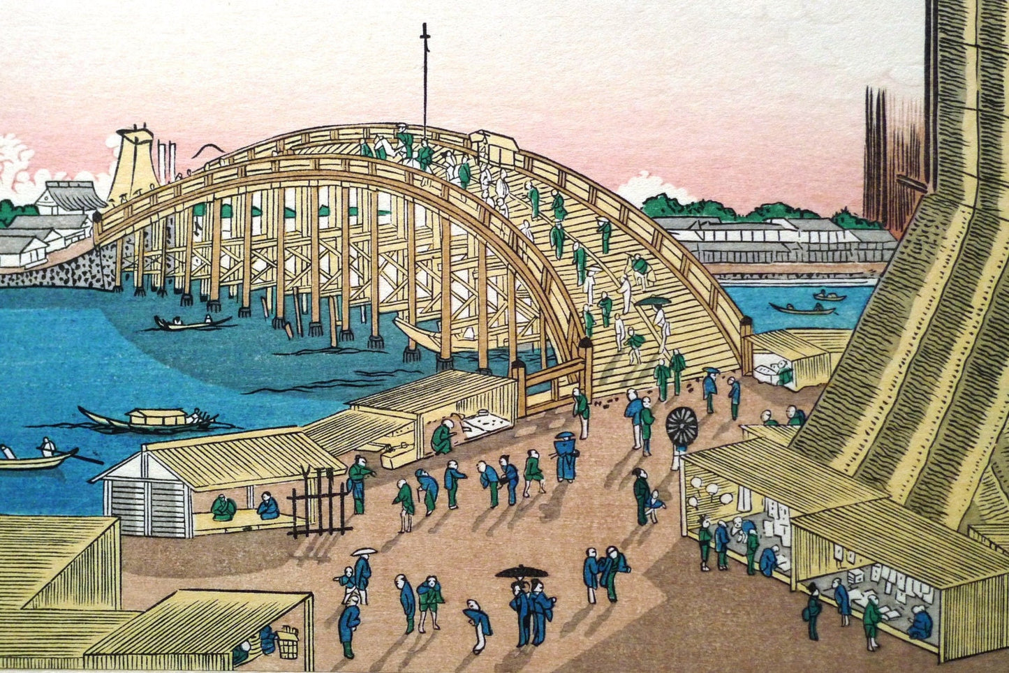 Japanese Ukiyo-e Woodblock print, Shotei Hokuju, "View of Ryôgoku Bridge"